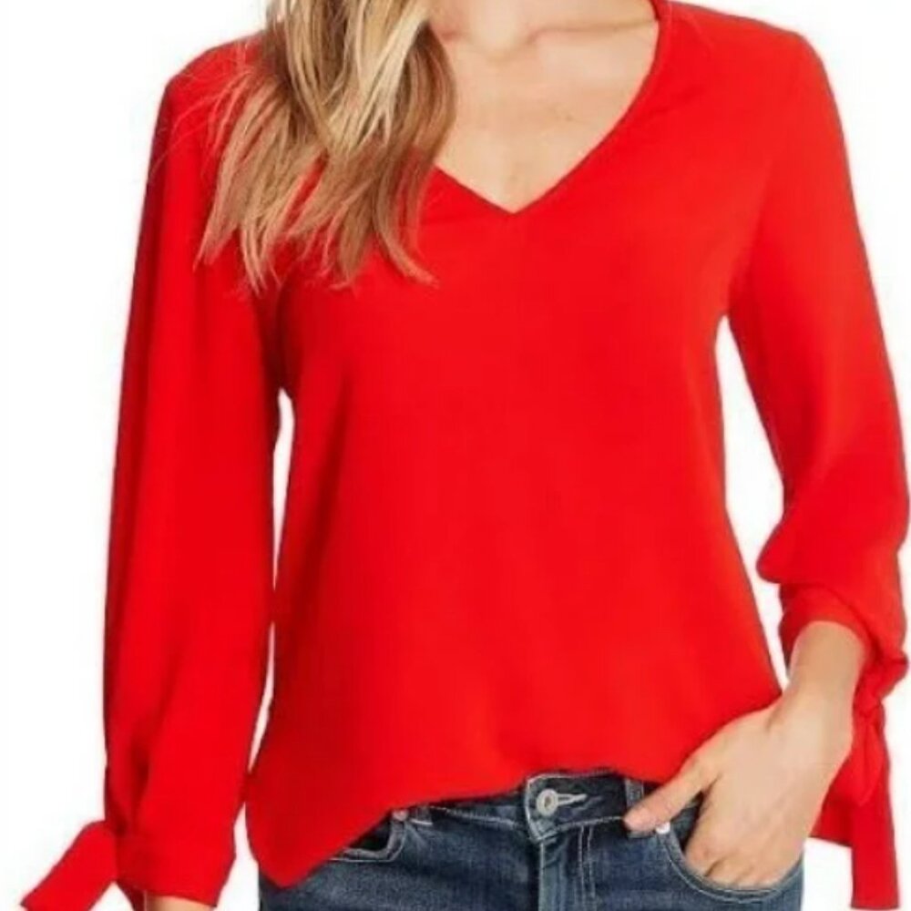 CeCe Flowy Drapey Long Sleeve Bow Tie-Cuff V-Neck Blouse in Candy Apple Red NWT